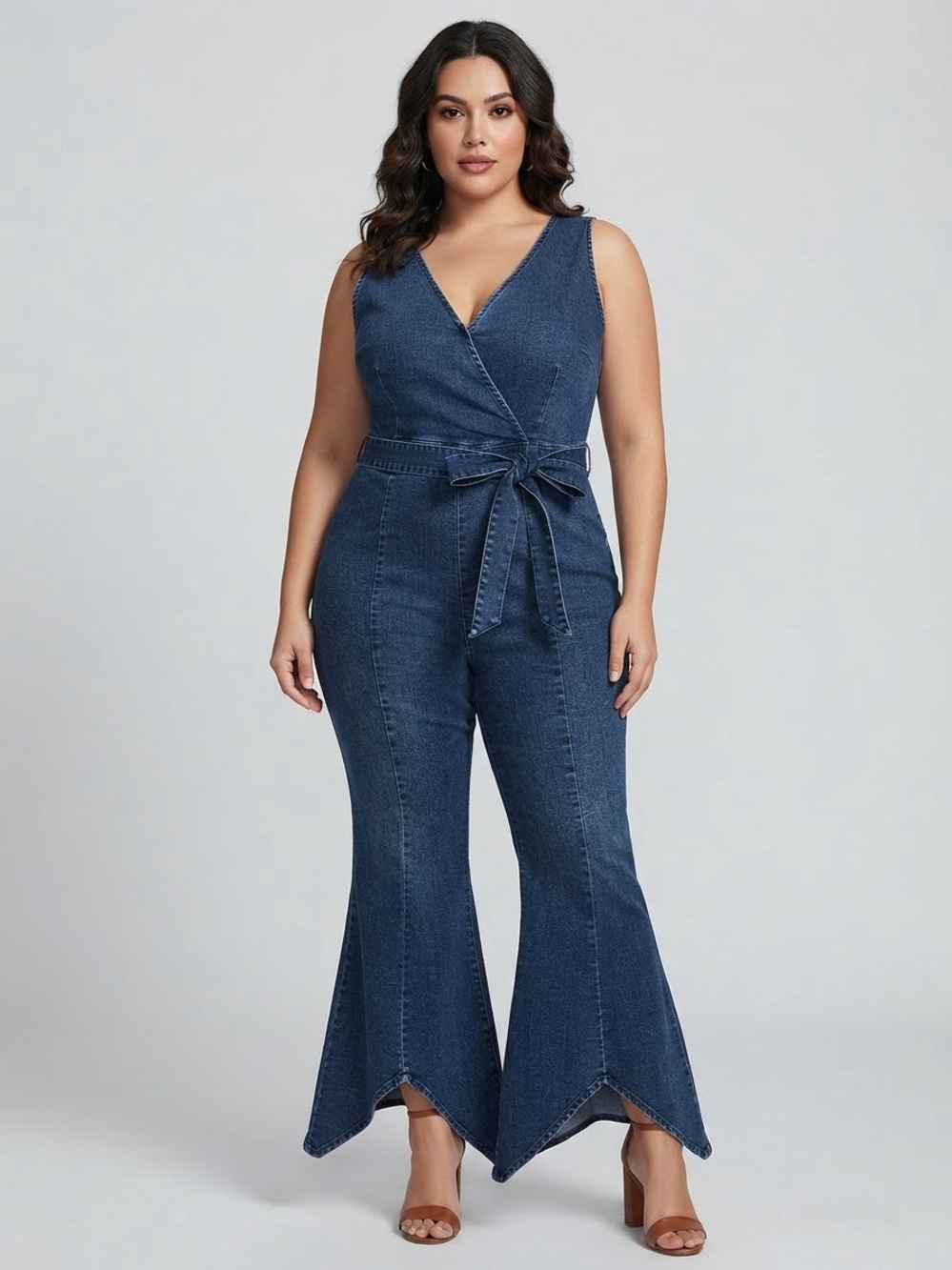 VENUS Denim Jumpsuit Womens Flare Bell Bottom Wrap Tie Waist Stretch Blue Retro